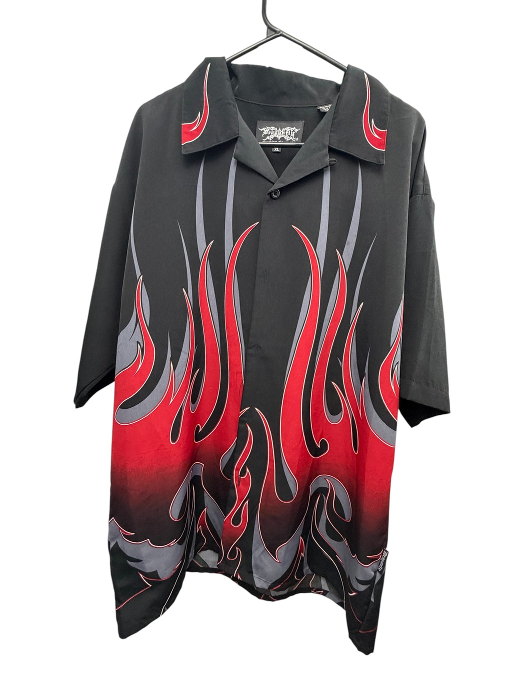 Dragginfly Y2K Red And Grey Flames Print Short Sleeve Button-Down Shirt