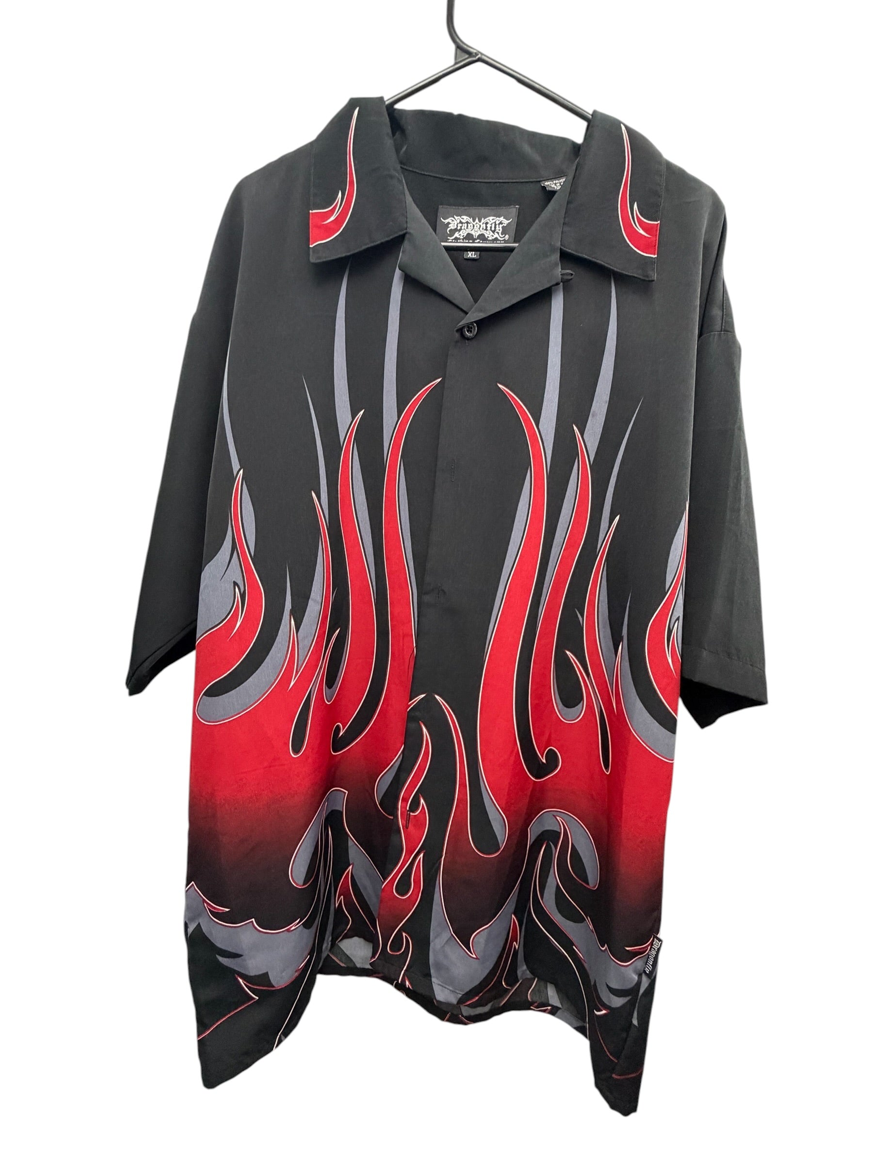 Dragginfly Y2K Red And Grey Flames Print Short Sleeve Button-Down Shirt